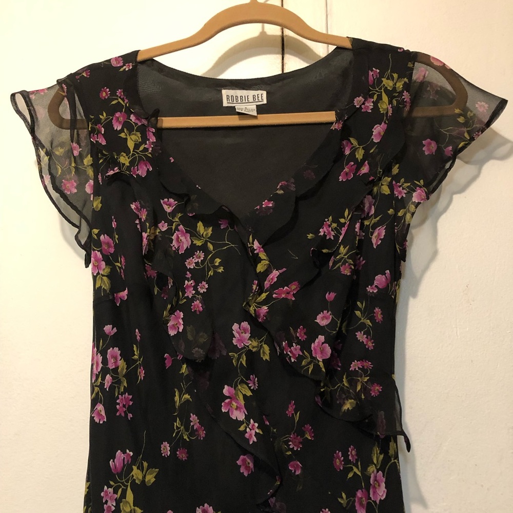 Robbie Bee Black Floral 100% Silk Dress